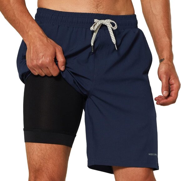 Mens Swim Trunks with Compression Liner 9 Inch Quick Dry Swim Shorts with Pocket